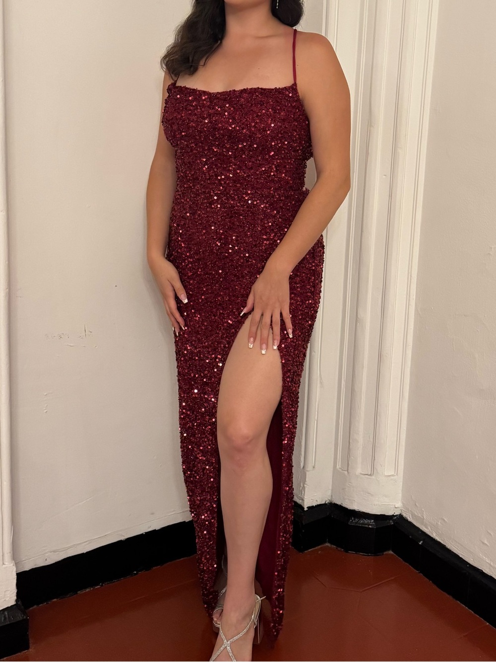 Fashion Nova Burgundy Sequin Slit Gown
